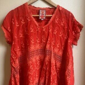 Johnny Was Embroidered Short Sleeve Tunic Orange/Red Size Medium